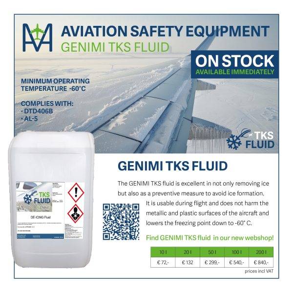 The GENIMI TKS fluid is excellent in not only removing ice but also as a preventive measure to avoid ice formation. It is usable during flight and does not harm the metallic and plastic surfaces of the aircraft and lowers the freezing point down to -60° C.